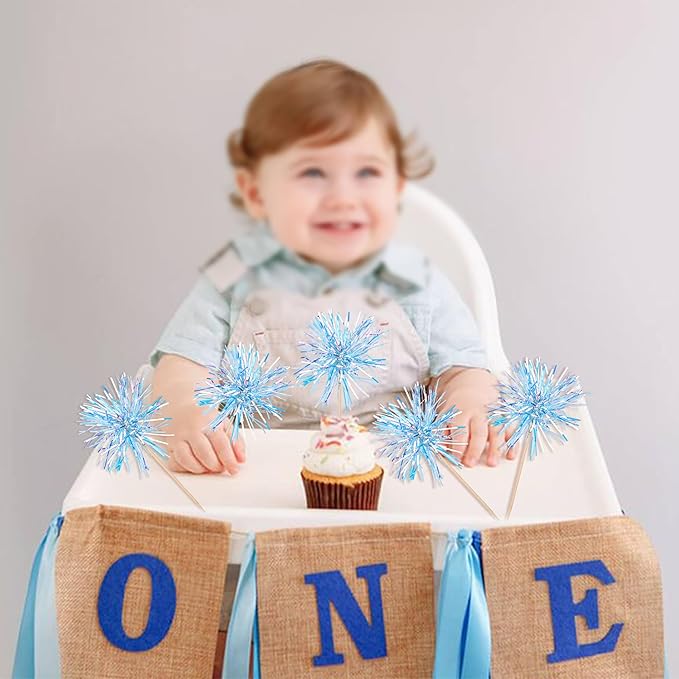 30 PCS Foil Firework Cupcake Toppers Happy Birthday Cupcake Toppers Sparkle Tinsel Flower Drink Stirrers Cocktail Fruit Toothpicks for Valentine's Day Baby Shower Party Cake Decor Supplies Blue