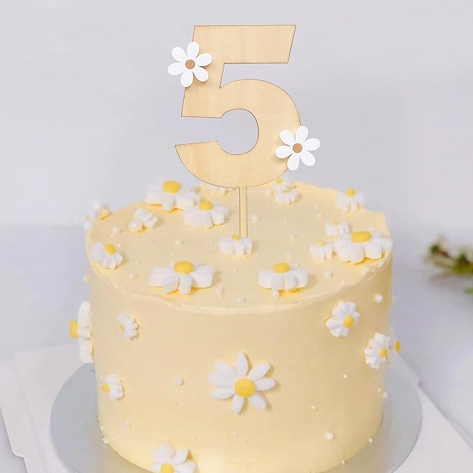 Wooden Daisy Cake Topper For 5th Birthday - Daisy Birthday Party Decor, Retro Groovy Birthday, Boho Birthday, Wooden Cake Decorating Supplies, 5th Anniversary (Daisy 5 Cake Topper)