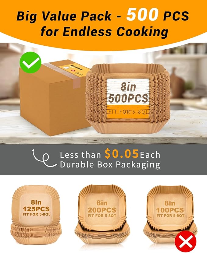 500Pcs Air Fryer Paper Liners, 8??Square Disposable Parchment Paper Liner for 5-8 QT Air Fryer, Non-Stick, Oil Proof Unbleached Airfryer for Baking, Roasting Microwave