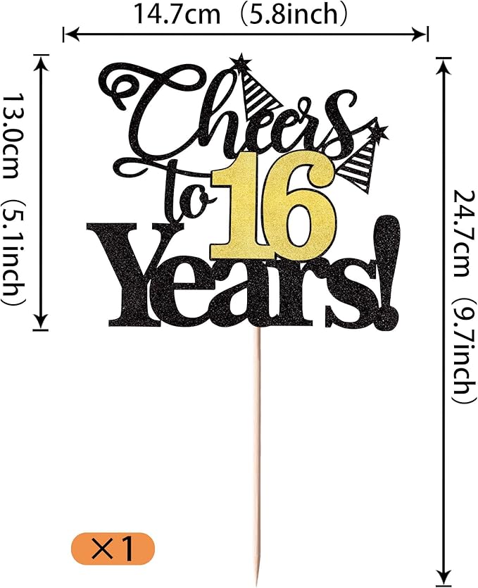 Rsstarxi 1 Pack Cheers to 16 Years Cake Topper Glitter Sixteen Years Old 16th Birthday Cake Pick 16 Fabulous Cake Decorations for Happy 16th Birthday Wedding Anniversary Party Supplies Black