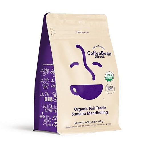 Coffee Bean Direct Organic Fair Trade Sumatra Mandheling, Whole Bean Coffee, Light Roast, 1 Pound Bag (Pack of 1)