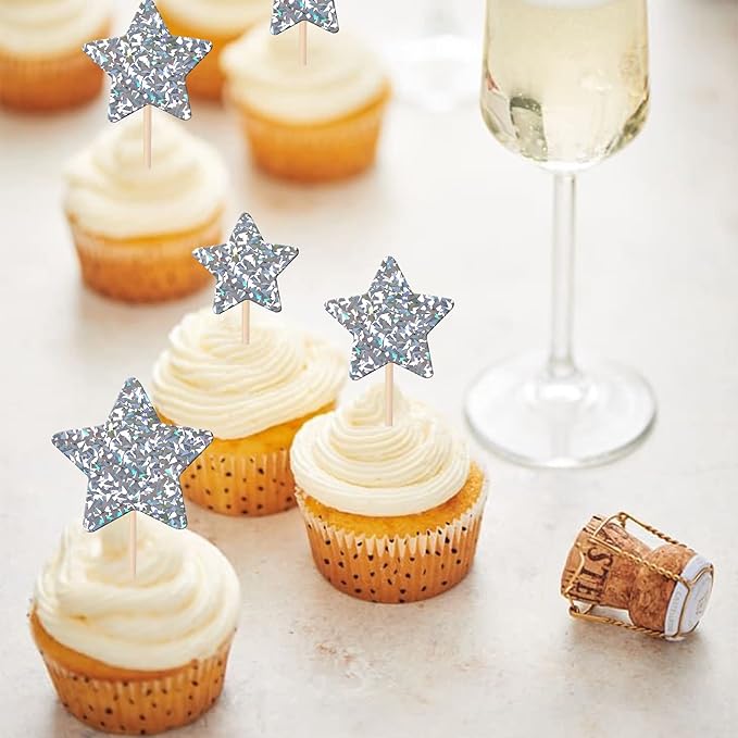 30 PCS Silver Little Star Cupcake Toppers Glitter Twinkle Star Cupcake Picks Bridal Shower Cake Decorations for Wedding Engagement Baby Shower Kids Birthday Party Supplies Mixed Size