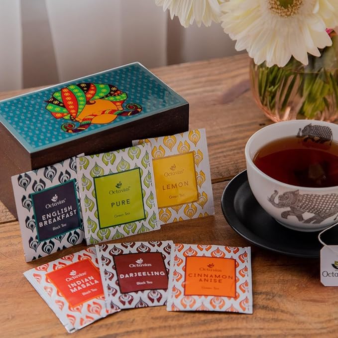 Octavius Urban Print Wooden Tea Sampler Box | Variety Pack Sampler | Perfect For Gifting & Thanksgiving - 6 Flavours & 30 Bags