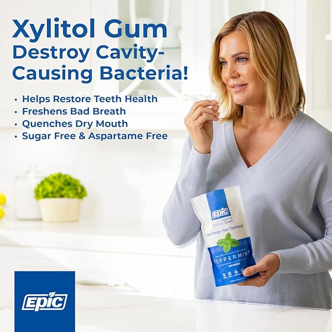 Epic 100% Xylitol Peppermint Chewing Gum - Sugar Free, Aspartame Free Dental Gum - Supports Oral Health & Fresh Breath