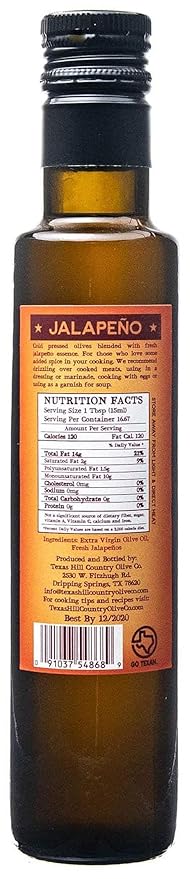 Texas Hill Country Olive Co Jalapeno Infused Olive Oil - Cold Pressed Gourmet EVOO Olive Oil - Great for Dressing Dipping Marinade - No Artificial Flavors or Added Sugar - Made in Texas (8.5 oz)