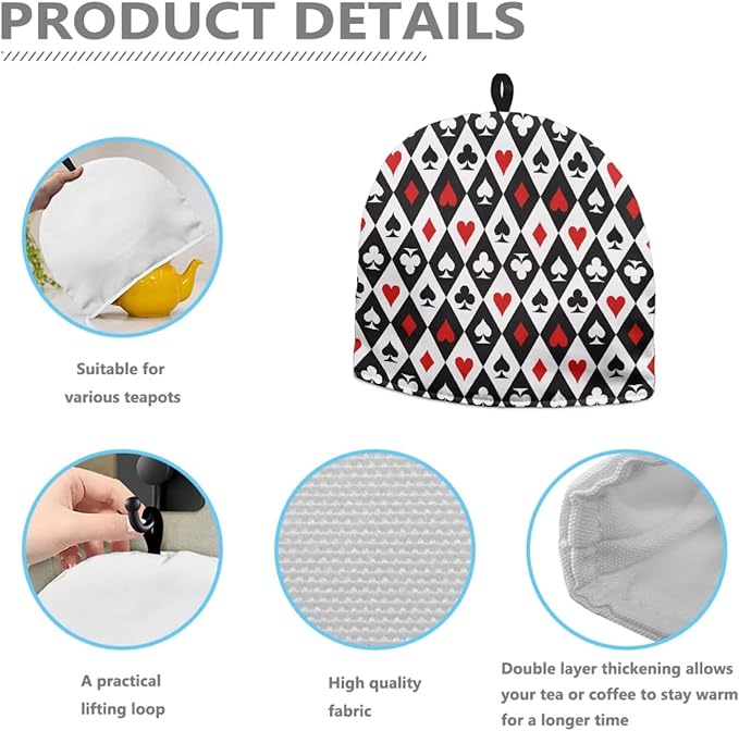 Poker Suit Print Large Tea Cozy for Teapot Extra Thick Tea Pot Cover Home Kitchen Decoration Insulated Teapot Cozy Dust Kitchen Accessories for Home Daily