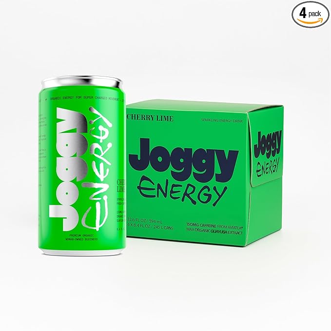 Joggy Organic Energy Drink | Cherry Lime & Hibiscus (4pk) | Clean Pre Workout Beverage with 150mg Guayusa Caffeine & No Added Sugar | Plant-Based, Gluten Free, Non-GMO, Vegan, Non-Jittery Focus Drink