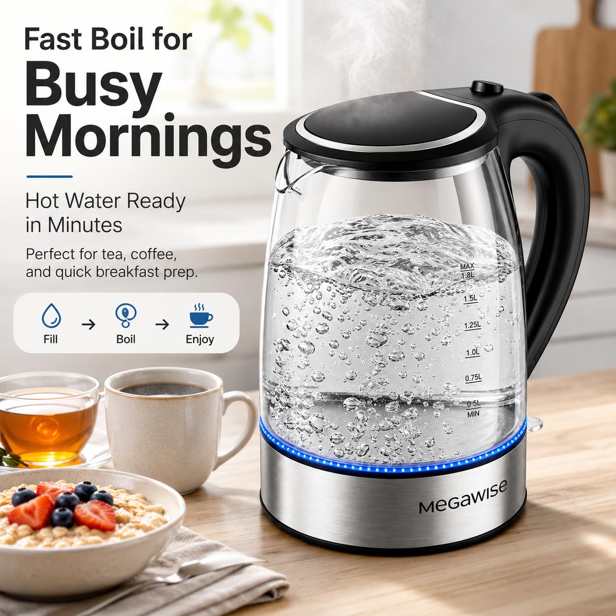 Megawise Electric Glass Kettle with Auto Shut-Off (1.8L)