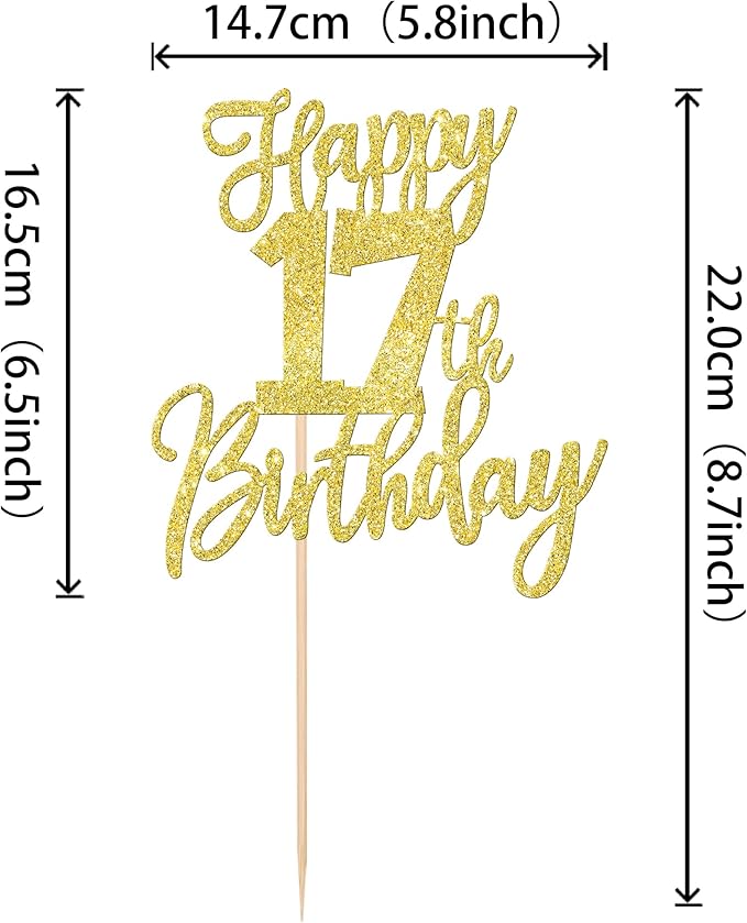 1 PCS Happy 17th Birthday Cake Topper Glitter Cheers to 17 Years Birthday Cake Pick Seventeen Hello 17 Cake Decoration for Happy 17th Birthday Anniversary Theme Party Decorations Supplies Gold