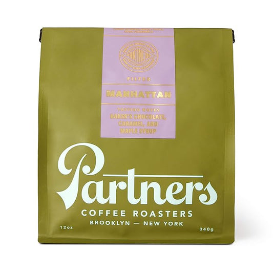 PARTNERS COFFEE ROASTERS - Whole Bean Coffee (Manhattan - Dark Roast) 12oz - Rich, Deep, & Flavorful Omniroast - Baker's Chocolate, Caramel, Maple Syrup - Coffee Beans - Roasted in New York City