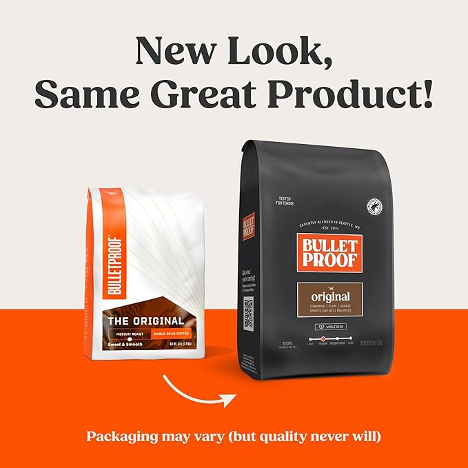 Bulletproof Original Medium Roast Whole Bean Coffee, 5 Pounds (bulk), 100% Arabica Beans, Clean Coffee Tested for Toxins, Packaging May Vary
