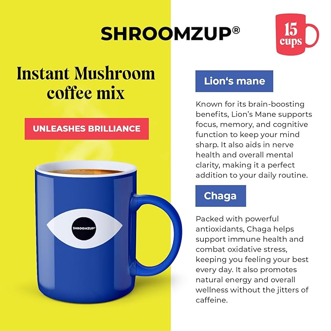 Instant Mushroom Coffee with Lions Mane and Chaga - 15 Pack - Nootropic Superfood Mushroom Coffee Instant - Arabica and Robusta Shrooms Instant Coffee