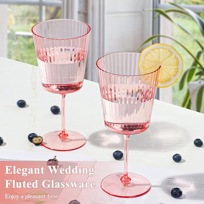 48 PCS Pink Plastic Wine Glasses with Removable Stems 13.5 Oz Pink Ribbed Wine Glasses Square White Wine Glass Muted Pastel Colors Goblets Elegant Fluted Glassware for Wedding Anniversary Birthday