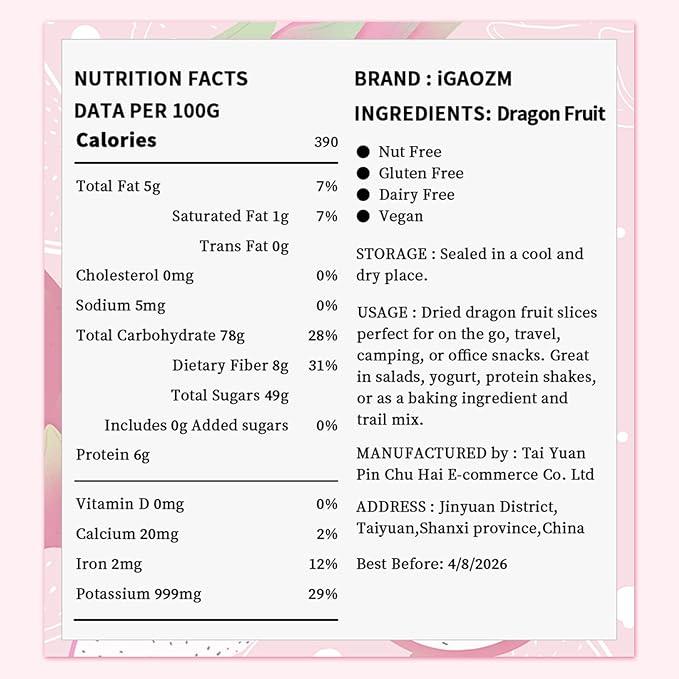 iGAOZM Dried Dragon Fruit,8.8oz/250g,Dragon Fruit Dried,No Sugar added,Soft and Chewy Bulk Dehydrated Dragon Pieces,for Cocktails,Snacks,Garnishing, Baking