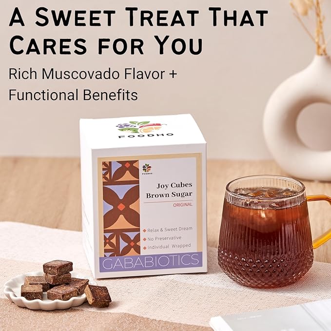 FOODHO GABA Joy Cubes Brown Sugar Cubes - Natural Dark Muscovado Sugar | Old Fashioned Pure Cane Sugar | Rich Nutrients for Good Sleep | Perfect for Tea, Coffee, Milk | No Preservatives