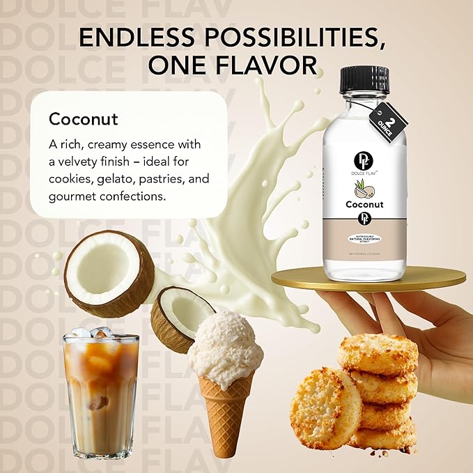 Dolce Flav Natural Coconut Extract ??2 Ounce Water-Soluble Kosher, Sugar-Free, Concentrated Tropical Coconut Flavoring for Baking, Beverages & Desserts, Includes Measured Dropper