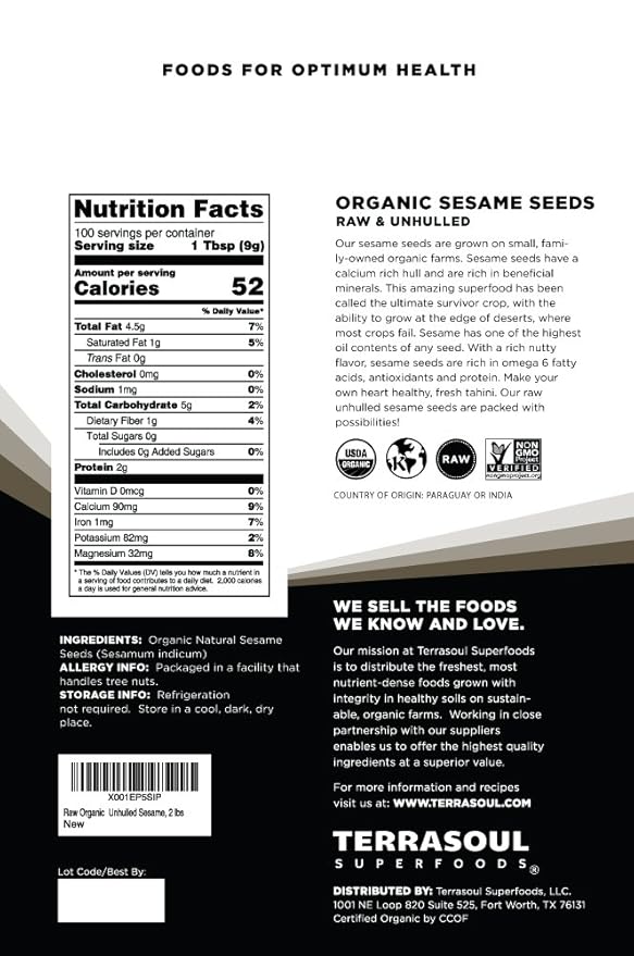 Terrasoul Superfoods Organic Unhulled Sesame Seeds, 4 Lbs (2 Pack) - Gluten Free, Raw, Keto Friendly