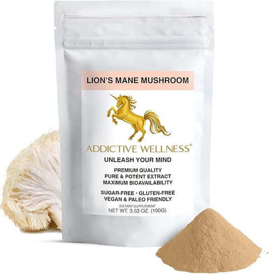 Addictive Wellness Lions Mane Supplement Powder, Premium Quality Lions Mane Mushroom Powder