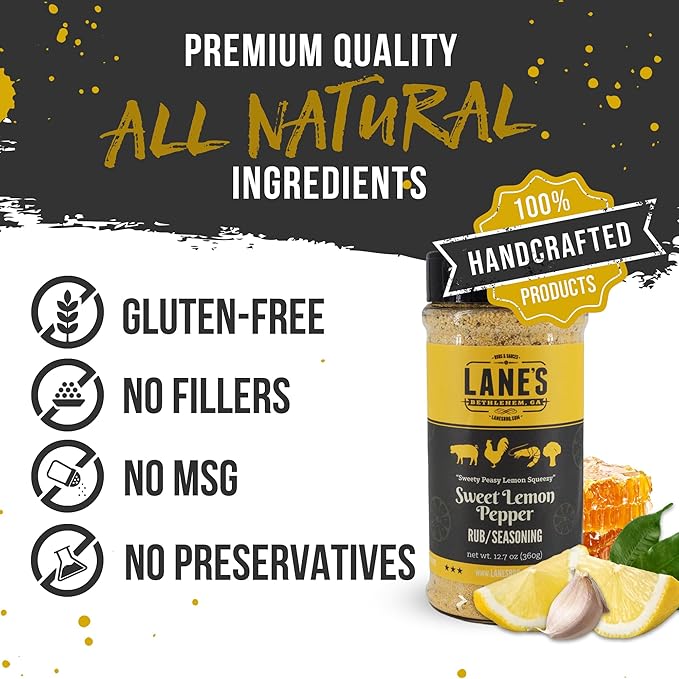 Lane's Sweet Lemon Pepper Seasoning, All-Natural Lemon Seasoning Blend with Citrus, Lemon Pepper Powder, and Honey, Made in USA, 12.7 Oz