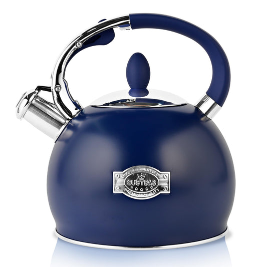 SUSTEAS Whistling Tea Kettle, 2.7QT Food-Grade Steel Teapot, NAVY BLUE