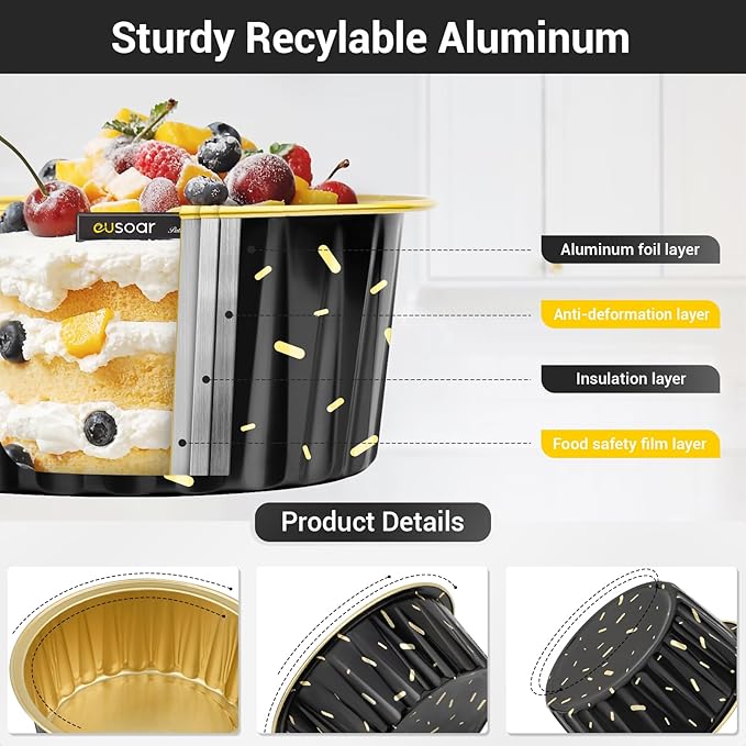 EUSOAR Muffin Liners, 50pcs 5oz Disposable Ramekins, Aluminum Foil Muffin Cupcake Liners Cups with Lids, Disposable Aluminum Foil Cupcake Baking Cups Holders Cases Boxes Pans with Lids
