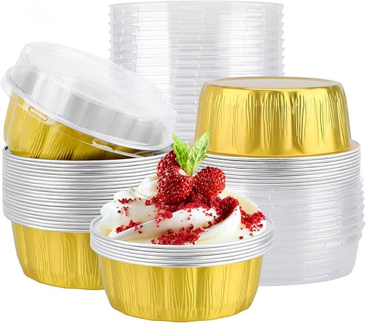 EUSOAR Disposable Ramekins, 25pcs 9oz Gold Creme Brulee Cups Cupcake Liners Holiday, Aluminum Pans with Lids Bakery Flan Bread Pie Tart Brownie Round Holders for Wedding Birthday Theme Party
