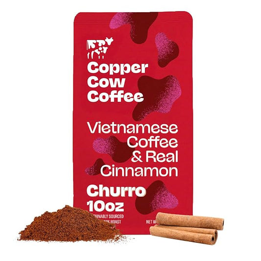 Copper Cow Premium Vietnamese Ground Coffee, 10 OZ | Churro Flavored Coffee | Dark Roast Made with Real Cinnamon | Vietnamese Coffee