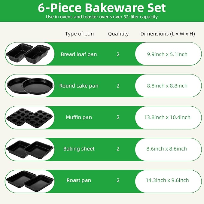 11-Piece Nonstick Baking Pans Set - Professional Grade Carbon Steel Bakeware with Premium Coating- Dishwasher Safe, Stackable, Oven Safe to 450°F (Black)