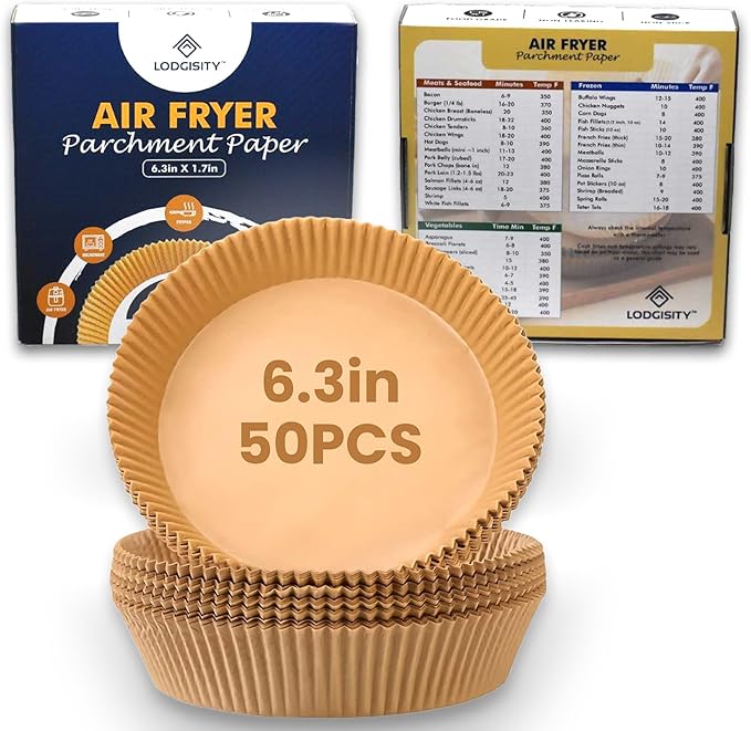Air Fryer Disposable Paper Liner- 50 Pcs Non Stick Parchment Paper Liner for Air Fryer - Lodgisity Water Proof,Oil-Proof Liners for Baking, Roasting And Microwave (6.3 in x 1.7 in)