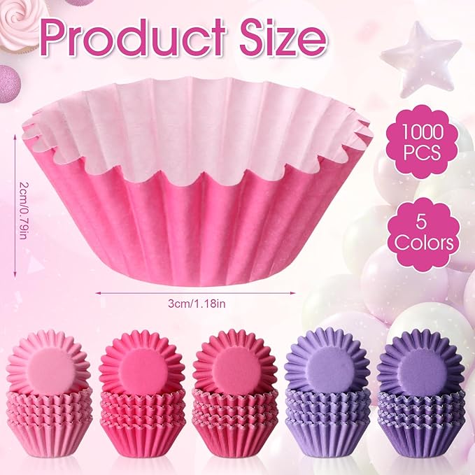 Zonon 1000 Counts Cupcake Liners for Baking Liners Paper Cupcake Wrappers Bulk Cup Cake Cases Muffin Baking Paper Cups for Candy Cooking(Pink and Purple,1.18 Inch-Mini Size)