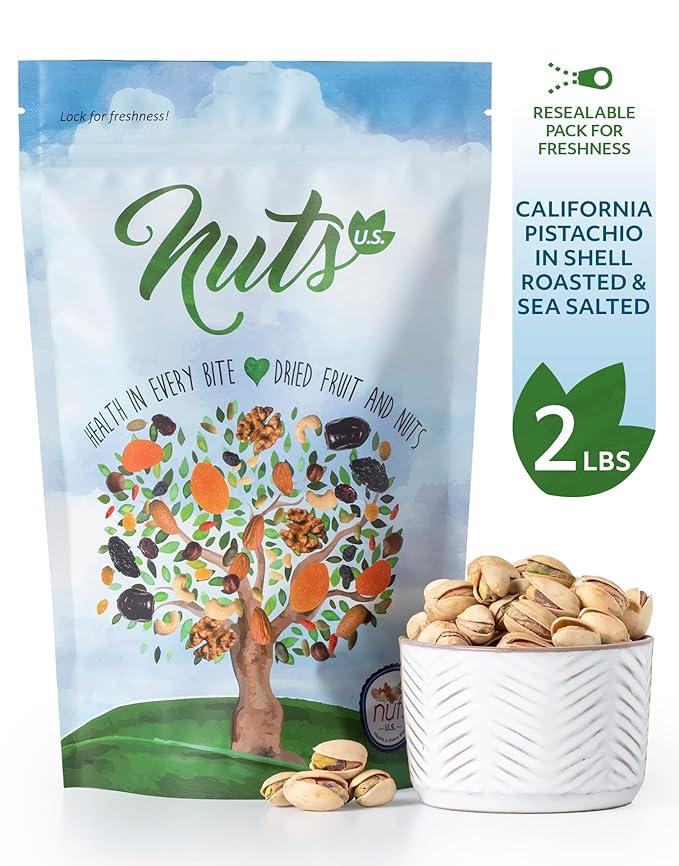 NUTS U.S. ??California Pistachios | Roasted & Salted | No Wax, No Added Color or Flavor | NON-GMO and Natural | JUMBO SIZE Pistachios In Resealable Bags!!! (2 LBS)