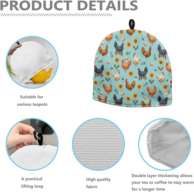 Rooster Flower Tea Cosy Washable Teapot Cover Breakfast Warmer Insulated Kettle Cover for Home Kitchen Decor Tea Cozies for Housewife, Friend, Mom, Both Side Can Be Used