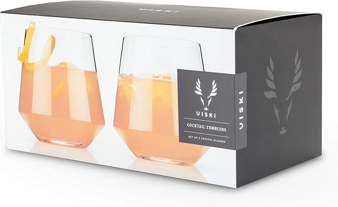 Viski Raye Angled Crystal Tumblers Set of 2 - Premium Crystal Clear Glass, Lowball Cocktail Glasses, Martini Glass Gift Set - 12 oz