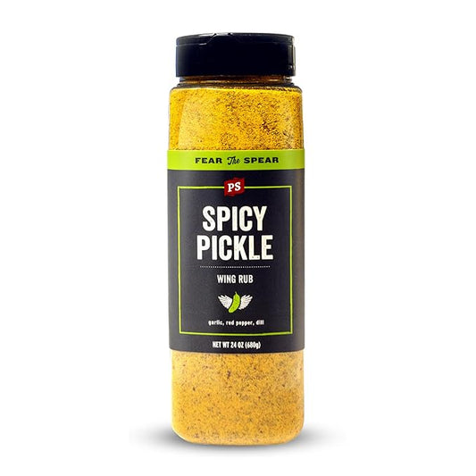 PS Seasoning Spicy Dill Pickle Wing Rub - Hot Chicken Seasoning with Vinegar, Red Pepper, Dill - Spicy & Tangy Chicken Wing Dry Rub Seasoning Dust for Poultry, Turkey, Fries, Popcorn, & Dips, 24oz