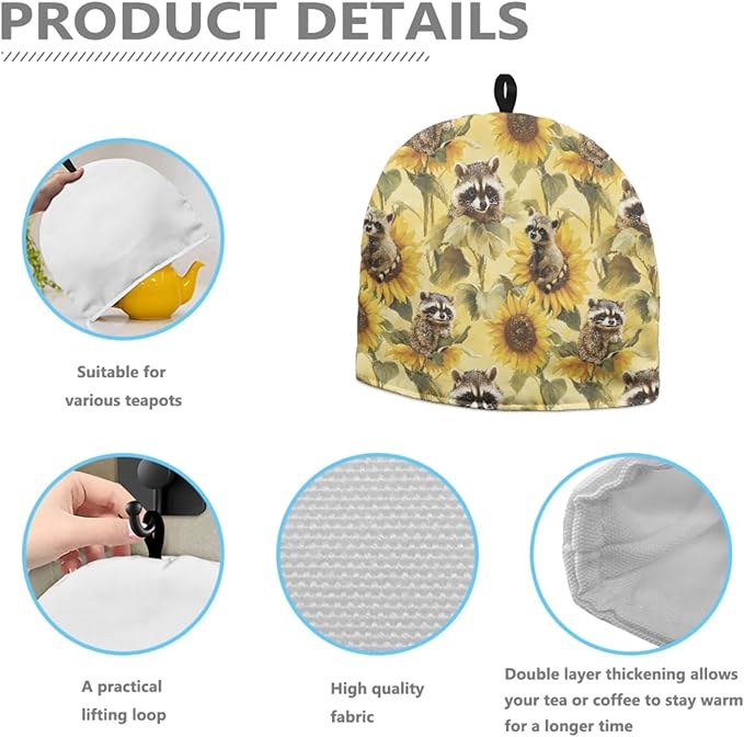 Sunflower Raccoon Tea Pot Cosy Insulating Tea Kettle Quilt Breakfast Warmer Thick Wadding Teapot Warmer for Teapot Decor Home Kitchen Decoration