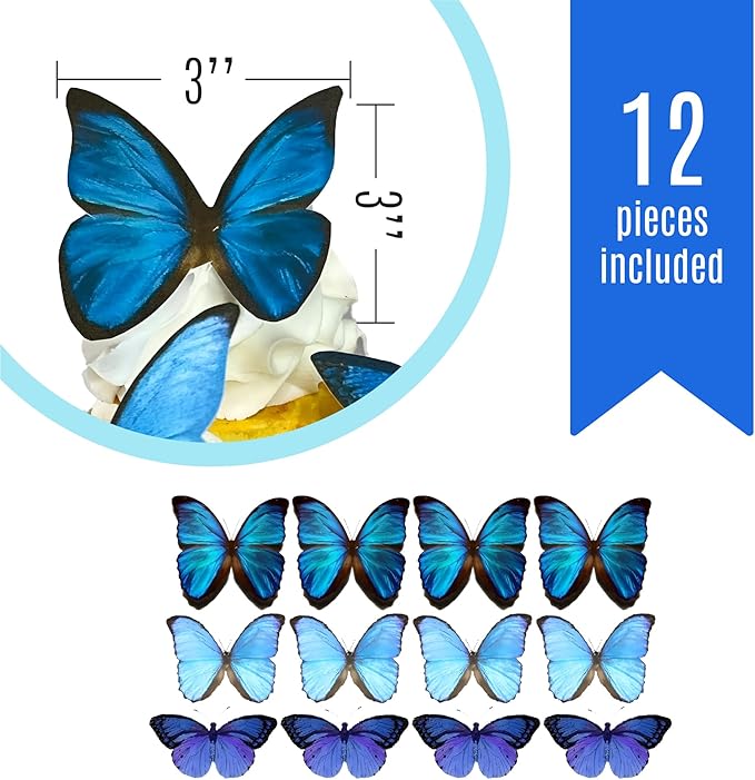 Sugar Robot Edible Butterflies for Cake Decorating- Large Size Butterfly Decorations - Cake Toppers and Cupcake Toppers - Made in the USA - Premium Crafted (Blue)