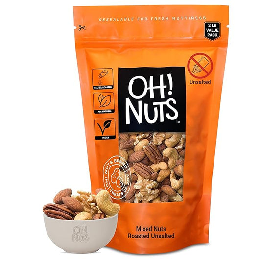 Oh! Nuts Mixed Nuts Roasted Unsalted - 2 lb - Unsalted Mixed Nuts - Cashews, Walnuts, Hazelnuts, Almonds - Fresh Zip-Seal Bag