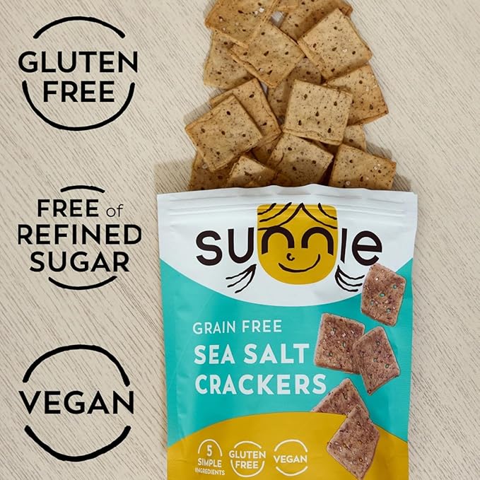 Sunnie Gluten Free Crackers - Healthy Grain Free Sea Salt Crackers, Snacks for Kids & Adults, Made with Avocado Oil, Only 5 Ingredients, Vegan Snack, Low Calorie (4 oz - Pack of 9)