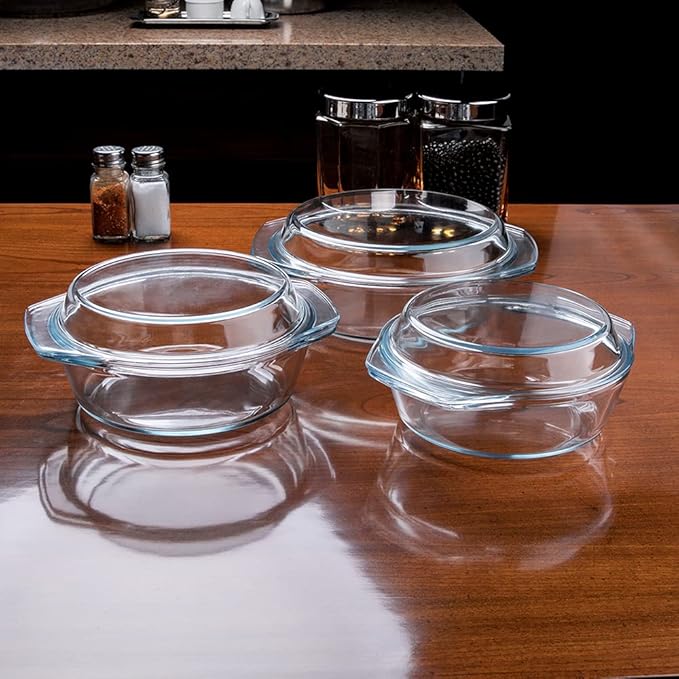 Set of 6 Pieces Round Tempered Glass Casserole Dish with Lids, Glass Casserole Baking Dish Set for Oven, Freezer and Dishwasher Safe - 1QT+1.5QT+1.8QT