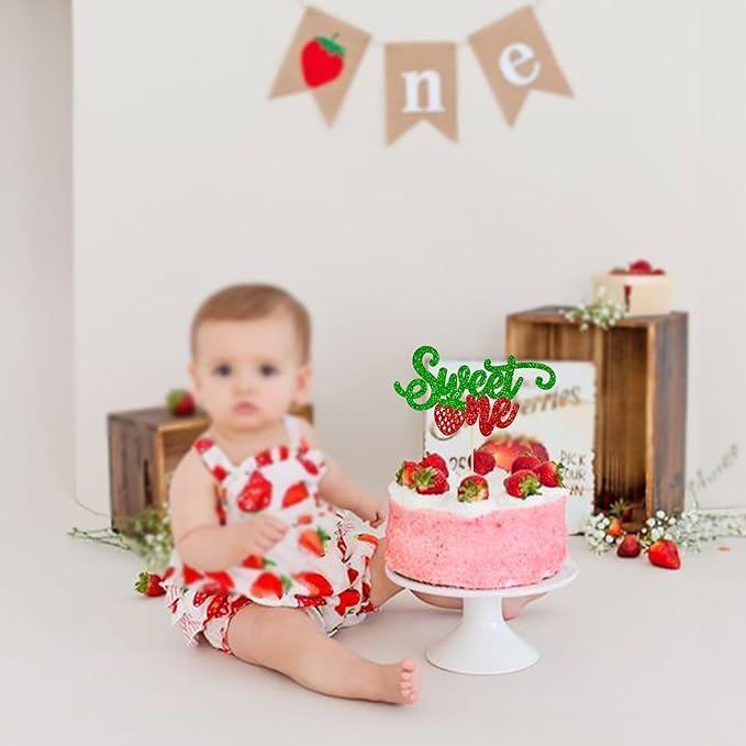 1Pc Strawberry 1st Birthday Cake Topper Red Glitter Sweet One First Birthday Strawberry Cake Pick Decoration for Sweet Fruit Theme Baby Shower Kids Birthday Party Supplies