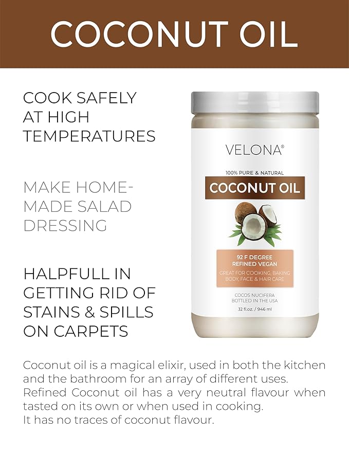 Coconut Oil 92 Degree by Velona - 32 fl oz | 100% Pure and Natural Carrier Oil | in jar | Refined, Cold pressed | Skin, Face, Body, Hair Care | Use Today - Enjoy Results