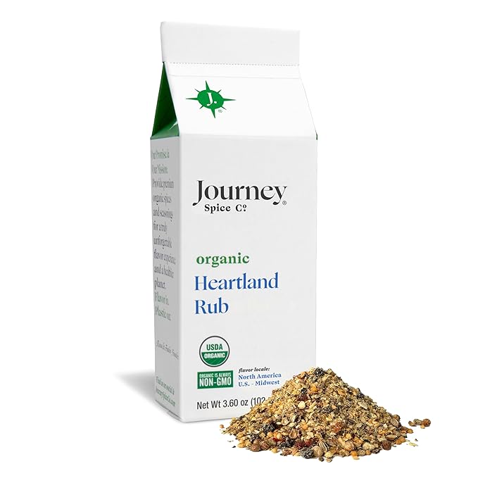Organic Heartland Rub by Journey Spice Co. | Gourmet Coarse All-Purpose Dry Rub Inspired by Chicago Steak Seasoning for Steak, Chicken, Poultry, Meat, Veggies, and More | Salt-Free, Sugar-Free, MSG-Free, Non-GMO | 3.6 oz. | Resealable/Reusable Cap