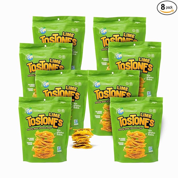 TOSTONES, Green Plantains, Re-Sealable Bag, Crunchy chips, Plantains, Palm Oil and Salt, 3.53 Oz per Unit, LIME Flavored, 8 Pack,