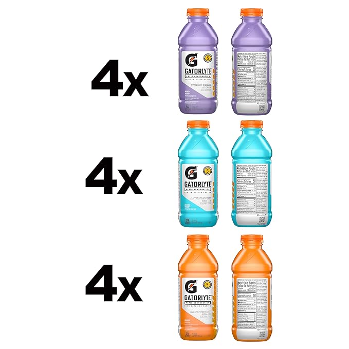 Gatorlyte Rapid Rehydration Electrolyte Drink, 3 Flavor Variety Pack 2.0, Specialized Blend of 5 Electrolytes, Lower Sugar, No Artificial Sweeteners, No Artificial Flavors, 20 fl oz Bottles (12 Pack)