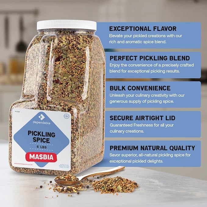 Dependable Food Pickling Spice - 5 Lb. Jar - Bulk Size - Kosher Premium Pickling Seasoning for Chefs & Restaurants - Non-GMO Pickling Spice Mix for Vegetables, Corned Beef, Canning Pickles, & More - Flavorful Pickle Spice