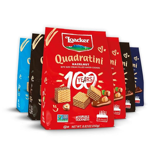 Loacker Quadratini Variety Pack Wafer Cookies LARGE - 30% Less Sugar - Mix of Hazelnut, Dark Chocolate, Vanilla and Chocolate - Premium Crispy Bite Size Wafers - LARGE Pack of 6