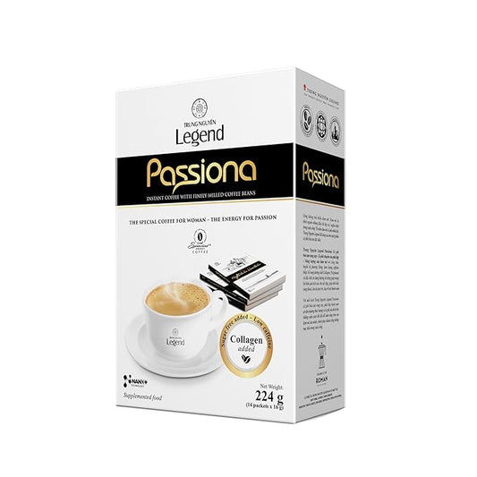 TRUNG NGUYEN LEGEND PASSIONA Premium Instant Coffee for Energy Boost by NANO+ Technology - Collagen Added, Low Caffein & Diet Sugar - Fresh and Flavourful Vietnamese Instant Coffee (14 Sticks/Box)