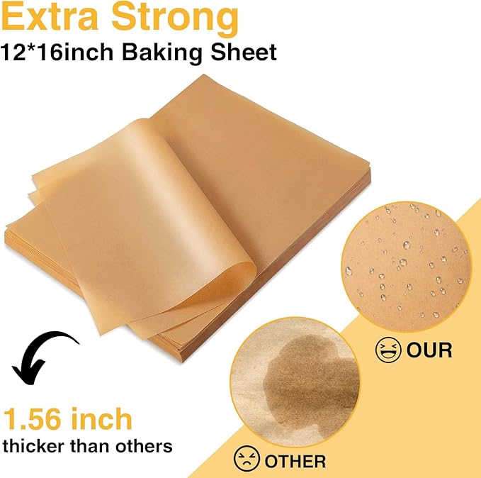 200 PCS Parchment Paper Sheets - OAMCEG 12x16 Inch Unbleached Pre-Cut Parchment Paper, No Chemical Non-Stick with a Silicone Brush, for Baking Grilling Bread Cup Cake Cookie