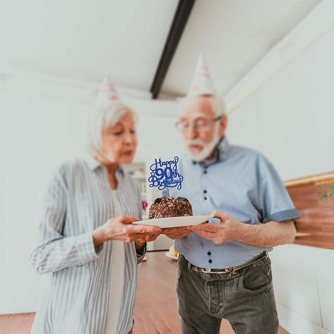 1 Pack Happy 90th Birthday Cake Topper Blue Glitter 90 & Fabulous Cheers to 90 Years Old Birthday Cake Pick for Celebrating 90th Birthday Anniversary Party Cake Decorations Supplies