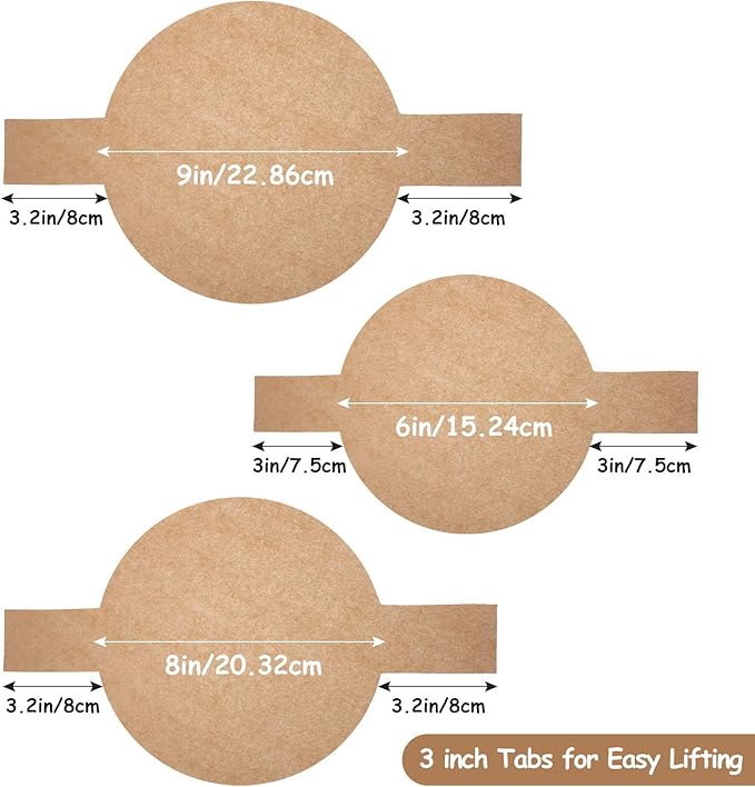 120 Pieces Precut Circle Cake Pan Liners Round Parchment Paper Non-stick Parchment Paper with Lift Tabs for Baking (Brown)